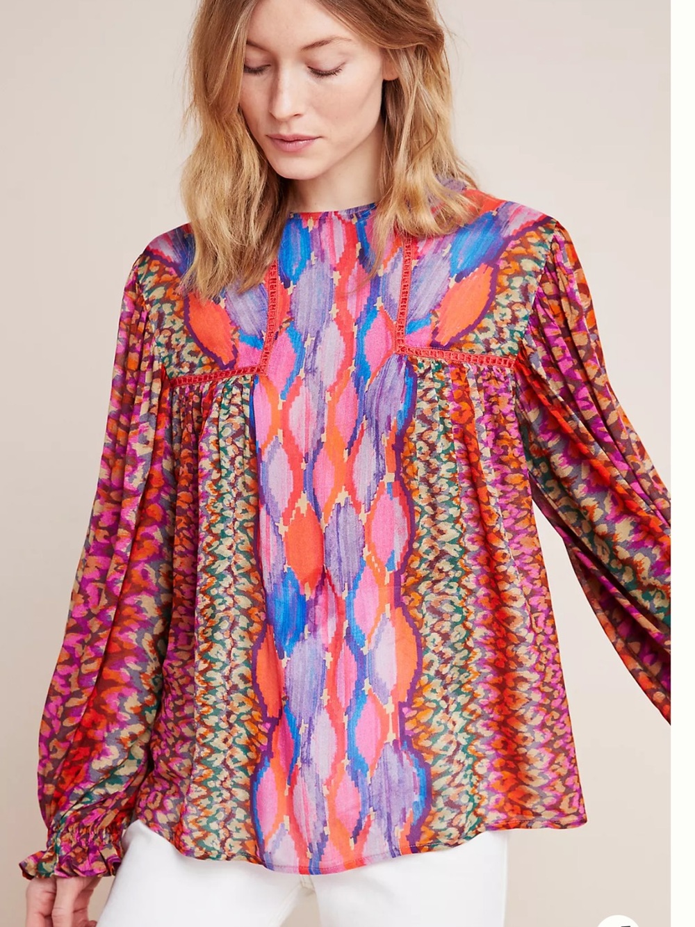 Anthropologie Bl-nk London Miranda Peasant Blouse Purple Motif Ikat Leopard M